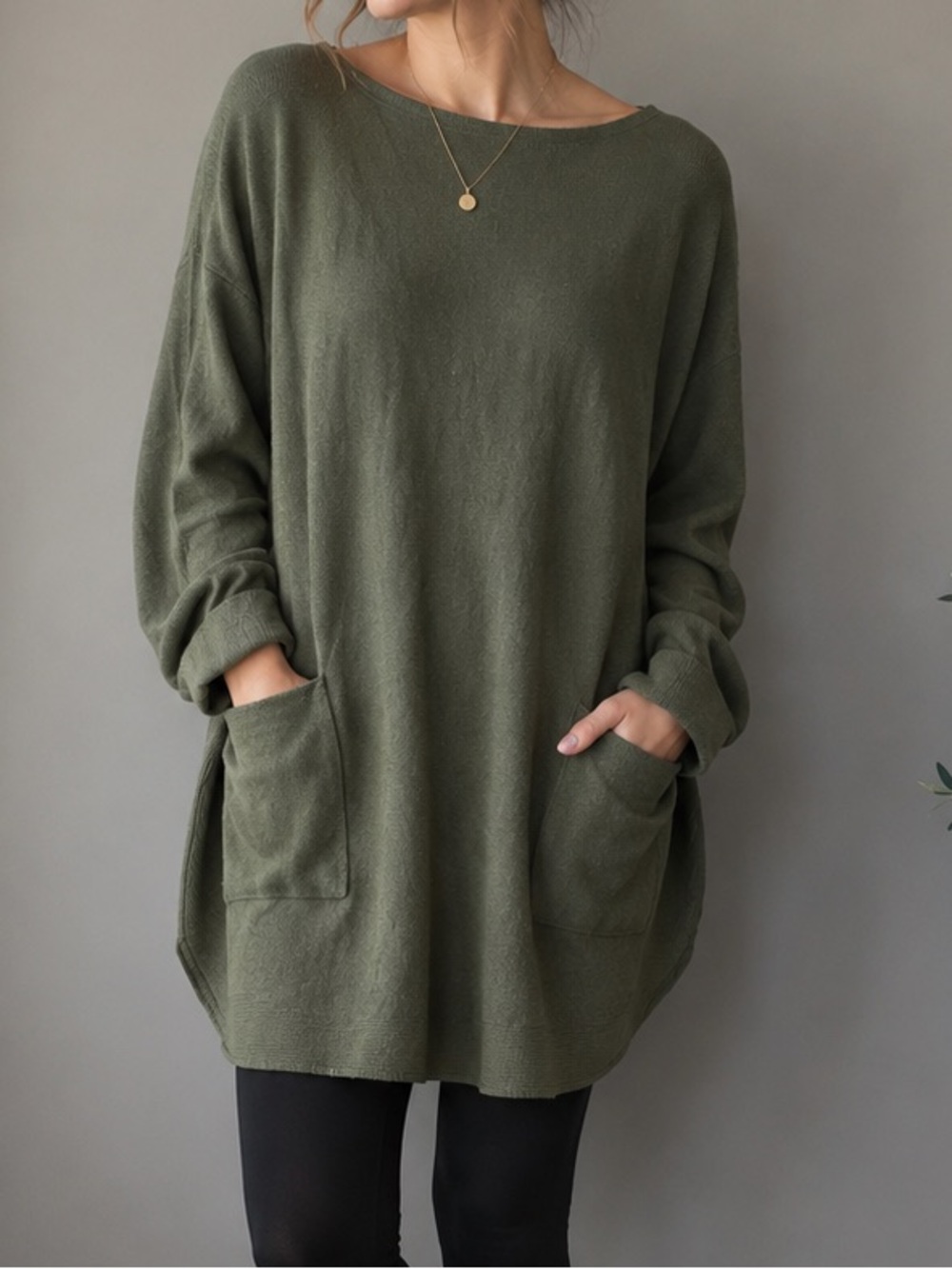 Meo Meli Olive Green Oversized Tunic Sweater Dress Pockets One Size